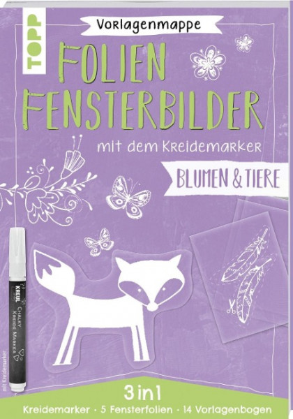 Vorlagenmappe Folien-Fensterbilder mit dem Kreidemarker - Blumen und Tiere. inkl. 5 Fensterfolien zum Bemalen und Ausschneiden und Original Kreidemarker von Kreul