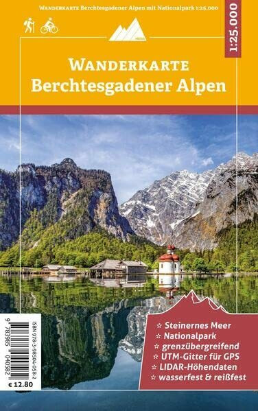 Berchtesgadener Alpen - Wanderkarte 1:25.000: Wanderwege - UTM-Gitter für GPS - grenzübergreifend: Umgebungskarte mit Wanderwegen und UTM-Gitter, ... LIDAR-Höhendaten, wasserfest, reißfest