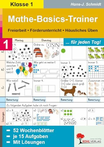 Mathe-Basics-Trainer Klasse 1 – 52 Wochenblätter mit je 15 Aufgaben | Addition, Subtraktion, Zahlenraum bis 20 | 3 Aufgaben pro Tag | Lösungen zum ... für jeden Tag im 1. Schuljahr