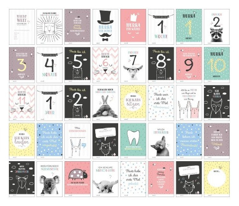 40 Baby Meilenstein-Karten für das 1. Lebensjahr für Mädchen und Junge. Baby Milestone Cards deutsch, zur Erinnerung der Entwicklung der ersten Monate. Geschenk-Set inkl. Box zur Aufbewahrung. Geschen