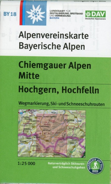 Wanderkarte BY 18 Chiemgauer Alpen Mitte, Hochgern, Hochfelln, mit Wegmarkierungen und Skirouten 1:2