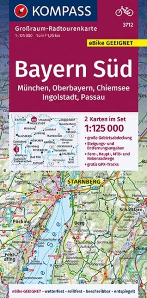KOMPASS Großraum-Radtourenkarte 3712 Bayern Süd, Oberbayern, Chiemsee, Ingolstadt, Passau, München 1:125.000