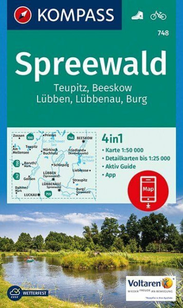 KOMPASS Wanderkarte Spreewald, Teupitz, Beeskow, Lübben, Lübbenau, Burg: 4in1 Wanderkarte 1:50000 mit Aktiv Guide und Detailkarten inklusive Karte zur ... (KOMPASS-Wanderkarten, Band 748)