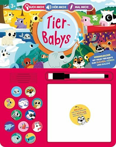 Such mich! Hör mich! Mal mich! Tier-Babys: Soundbuch mit 12 Sounds, Wimmelbildern, Zeichentafel und Stift I Ab 3 Jahren I 3-in-1: Suchen, Hören und Malen