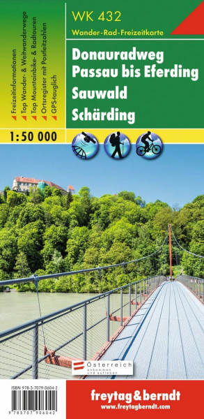 WK 432 Donauradweg Passau bis Eferding - Sauwald - Schärding, Wanderkarte 1:50.000