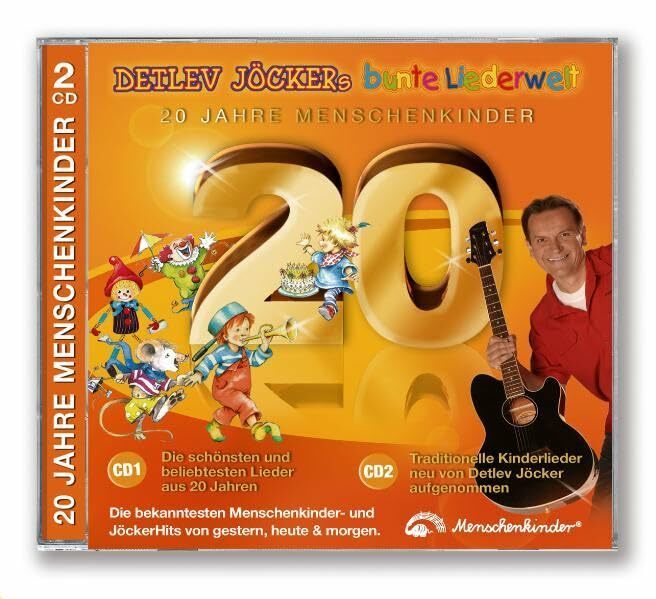 20 Jahre Menschenkinder: CD 1 Die schönsten und beliebtesten Lieder aus 20 Jahren. CD 2 Traditionelle Kinderlieder neu von Detlev Jöcker aufgenommen. ... und... 20 Jahre Menschenkinder: CD 1 Die schönsten und beliebtesten Lieder aus 20 Jahren. CD 2 Traditionelle Kinderlieder neu von Detlev Jöcker aufgenommen. ... und JöckerHits von gestern, heute & morgen