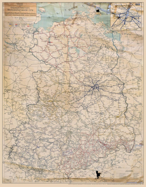 ÜBERSICHTSKARTE Deusche Reichsbahn (DR) im März 1946 - Eisenbahnnetz der SOWJETISCHEN BESATZUNGSZONE Deutschlands - gerollt