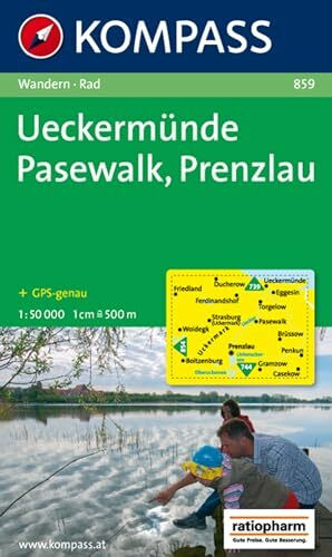 KOMPASS Wanderkarte 859 Ueckermünde - Pasewalk - Prenzlau 1:50.000: markierte Wanderwege, Hütten, Radrouten