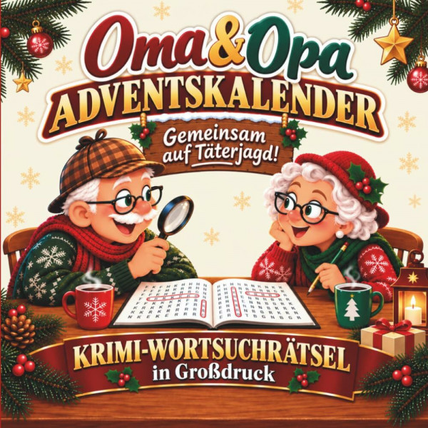 Oma & Opa Adventskalender - Gemeinsam auf Täterjagd: 24 Krimi-Wortsuchrätsel in Großdruck zum Rätseln zu zweit – Geschenk für Großeltern und Senioren