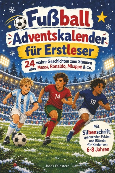 Fußball Adventskalender für Erstleser: 24 wahre Geschichten zum Staunen über Messi, Ronaldo, Mbappé & Co. – Mit Silbenschrift, spannenden Fakten und Rätseln für Kinder von 6-8 Jahren