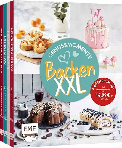 Genussmomente: Backen XXL: 4 Bücher im Set | Über 100 Rezepte für Klassiker, Blechkuchen, Motivtorten und Kleingebäck – Zimtschnecken, Apfelkuchen, Cupcakes, Bienenstich, Muffins, Cheesecake und mehr!