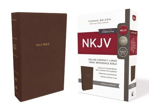 NKJV, Deluxe Reference Bible, Compact Large Print, Imitation Leather, Brown, Red Letter Edition, Comfort Print