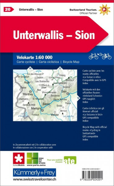 Radwanderkarte Bas Valais - Sion mit Ortsindex (20) 1:60 000