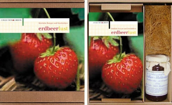 Geschenk-Box: ERDBEERLUST, 40 köstliche Rezepte und Geschichten, mit 1 Glas Walderdbeeren-Konfitüre