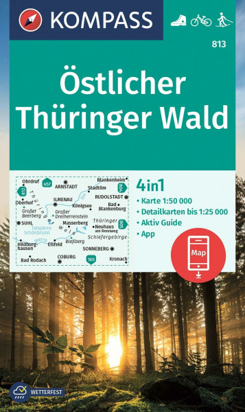 KOMPASS Wanderkarte 813 Östlicher Thüringer Wald 1:50.000: 4in1 Wanderkarte, mit Aktiv Guide und Detailkarten inklusive Karte zur offline Verwendung in der KOMPASS-App. Fahrradfahren. Langlaufen.