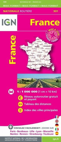 IGN Karte, Nationale Routière (et Touristique) France 2015: Réseau autoroutier gratuit et payant, Tableau des distances, Index des villes principales. ... Maxi format
