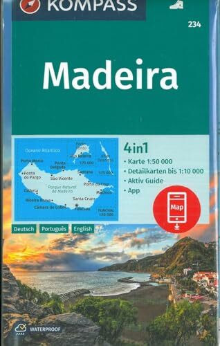 KOMPASS Wanderkarte 234 Madeira 1:50.000: 4in1 Wanderkarte mit Aktiv Guide und 1:25000 Karten, inklusive Kartenbereich zur offline Verwendung in der KOMPASS-App.