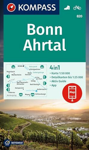 KOMPASS Wanderkarte 820 Bonn, Ahrtal 1:50.000: 4in1 Wanderkarte mit Aktiv Guide und 1:25000 Karten, inklusive Kartenbereich zur offline Verwendung in der KOMPASS-App.