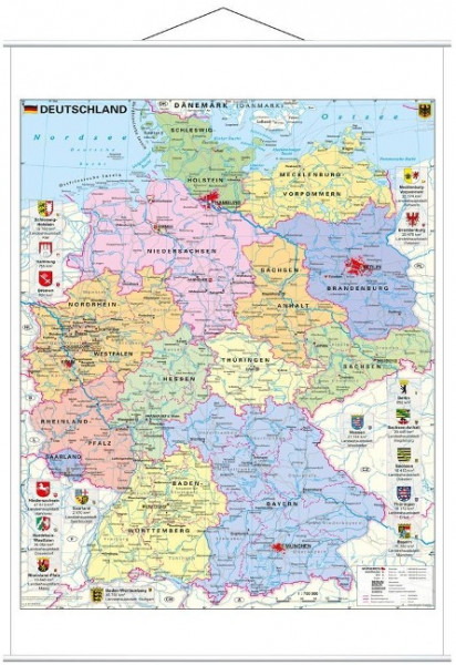 Deutschland politisch mit Wappen 1 : 700.000. Wandkarte mit Metallbeleistung