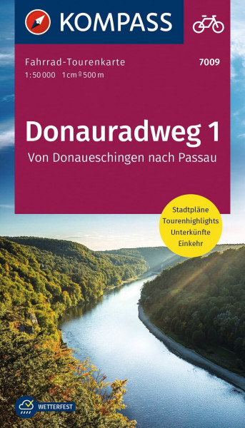 KOMPASS Fahrrad-Tourenkarte Donauradweg 1, von Donaueschingen nach Passau 1:50.000: Leporello Karte, reiß- und wetterfest