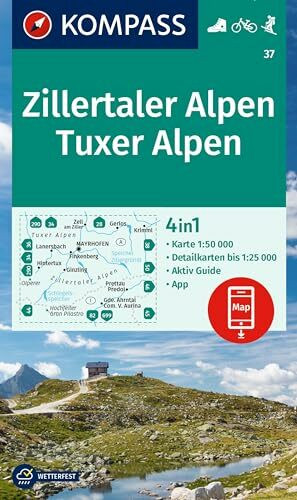 KOMPASS Wanderkarte 37 Zillertaler Alpen, Tuxer Alpen 1:50.000: 4in1 Wanderkarte , mit Aktiv Guide und Detailkarten inklusive Karte zur offline Verwendung in der KOMPASS-App. Fahrradfahren. Skitouren.