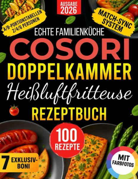 Echte Familienküche COSORI Doppelkammer-Heißluftfritteuse Rezeptbuch: A/B-Rezepte mit MATCH/SYNC, Portionstabellen & verlässlichen Zeiten – Stressfreie, Gesunde und Leckere Abendessen ab 20 Minuten