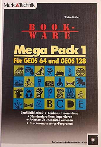 Mega Pack 1. Für GEOS 64 und GEOS 128: Grafikbibliothek. Zeichensatzsammlung. Standardgrafiken importieren. Printfox - Zeichensätze einlesen. Druckeranpassungs-Programm (Bookware)