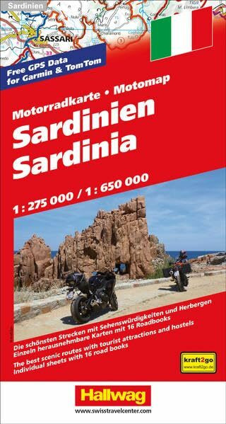 Sardinien MotoMap Motorradkarte 1:275 000 / 1:650 000: Einzel herausnehmbare Karten mit 16 Roadbooks Die schönsten Motorradstrecken mit Sehenswürdigkeiten und Herbergen (Hallwag MotoMap)