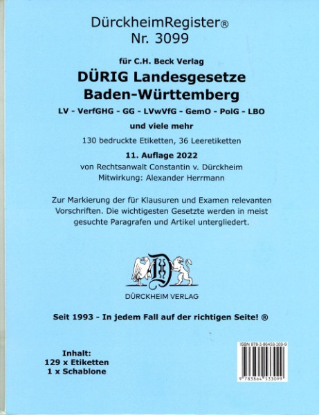 DürckheimRegister® für DÜRIG: BADEN-WÜRTTEMBERG, C.H. Beck Verlag OHNE Stichworte