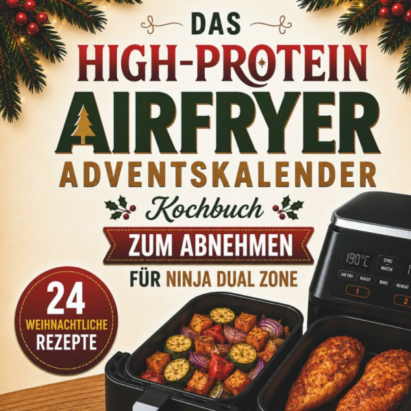 Das High-Protein Airfryer Adventskalender-Kochbuch zum Abnehmen für Ninja Dual Zone: 24 weihnachtliche Rezepte für die Heißluftfritteuse – gesund, ... Mit Garzeiten und Nährwertangaben.