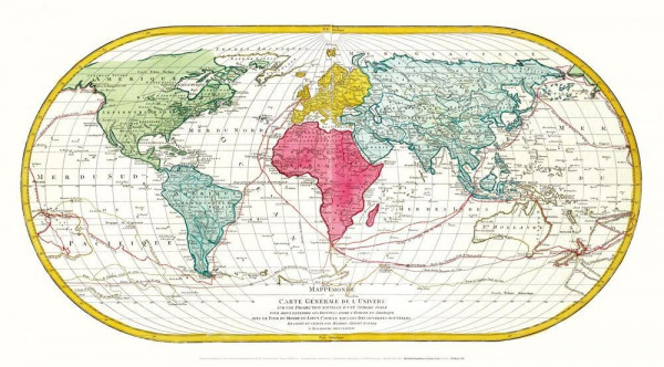 Historische WELTKARTE 1782 mit Entdeckungsfahrten von James Cook - Matthäus Lotter (Plano)