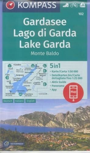 KOMPASS Wanderkarte Gardasee, Lago di Garda, Lake Garda, Monte Baldo: 5in1 Wanderkarte 1:50000 mit Panorama, Aktiv Guide und Detailkarten inklusive ... Segeln. (KOMPASS-Wanderkarten, Band 102)