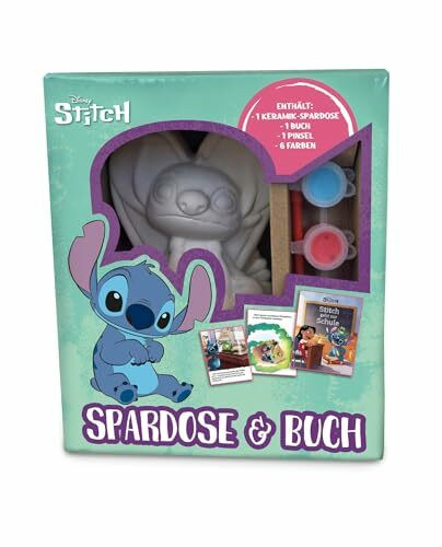 Disney Stitch: Spardose & Buch: Geschenkset mit Buch, Spardose aus Keramik zum Bemalen, Pinsel und sechs verschiedene Farben