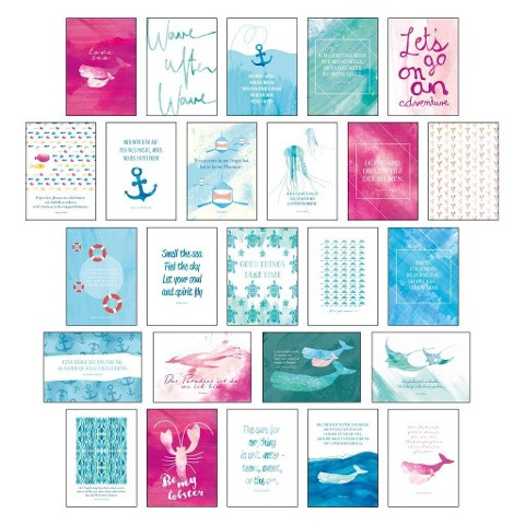 Postkarten Set "Sand & Sea" - 25 hochwertige Postkarten mit sommerlichen Motiven sowie inspirierenden und motivierenden Sprüchen & Zitaten zum Dekorieren oder Verschicken. Von Hand designte Spruchkart