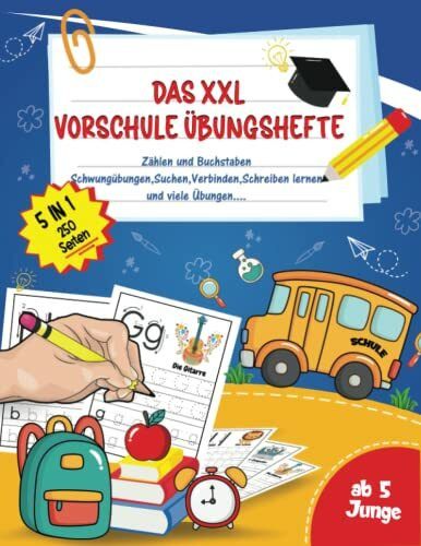 Vorschule Übungshefte ab 5 Junge: Das XXL Fahrzeuge Schwungübungen ab 5 Jahren mit Buchstaben und Zahlen schreiben lernen | Vorschulhefte ab 5,6 ... Suchbilder, Ausschneiden und vieles mehr...