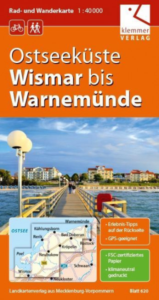 Rad- und Wanderkarte Ostseeküste Wismar bis Warnemünde 1 : 40 000