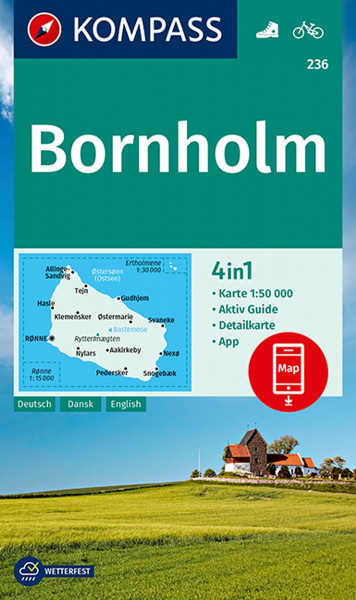 KOMPASS Wanderkarte 236 Bornholm 1:50.000: 4in1 Wanderkarte mit Aktiv Guide und Stadtplan inklusive Karte zur offline Verwendung in der KOMPASS-App. Fahrradfahren.