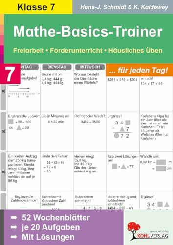 Mathe-Basics-Trainer Klasse 7 – 52 Wochenblätter mit je 20 Aufgaben | Terme, Gleichungen, Prozentrechnung, Zinsrechnung, Geometrie | 4 Aufgaben pro ... zum Umknicken | 56 Seiten: Für jeden Tag!