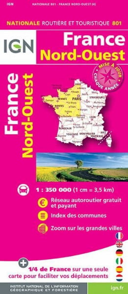 IGN Karte, Nationale Routière (et Touristique) France Nord-Ouest: Réseau autoroutier gratuit et payant, Index des communes, Zoom sur les grandes villes