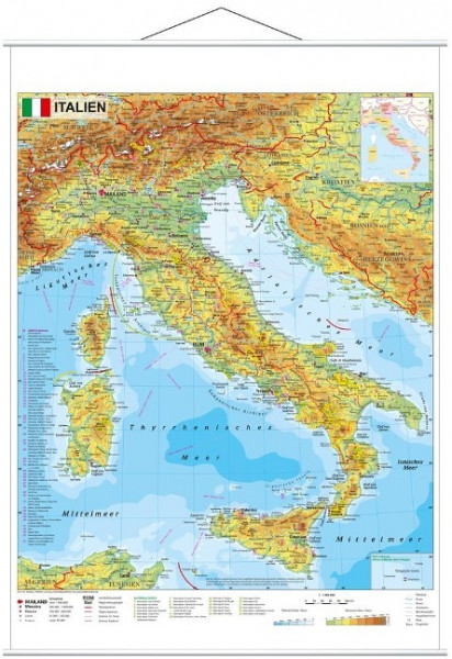 Italien physisch 1 : 1.600 000. Wandkarte mit Metallbeleistung