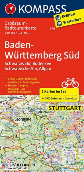 Baden-Württemberg Süd, Schwarzwald, Bodensee, Schwäbische Alb, Allgäu: Großraum-Radtourenkarte 1:125000, GPX-Daten zum Download (KOMPASS-Großraum-Radtourenkarte, Band 3711)