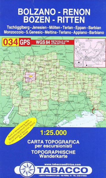 Bozen, Ritten, Tschögglberg: Wanderkarte Tabacco 034. 1:25000: GPS. UTM-Gitter (Carte topografiche per escursionisti, Band 34)
