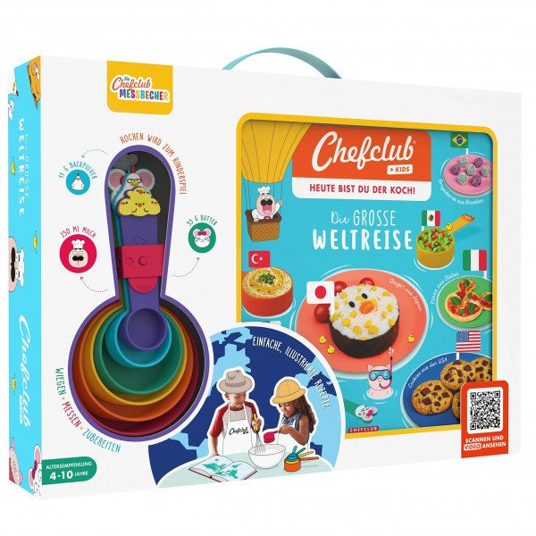 Chefclub Kids | Kochbuch-Set | Rezeptbuch "Die große Weltreise" mit original Chefclub Messbechern, Atlanten und Aufklebern | QR-Codes zu Videorezepten | ChefClub.TV | Kochen für Kinder | ab 4 Jahren