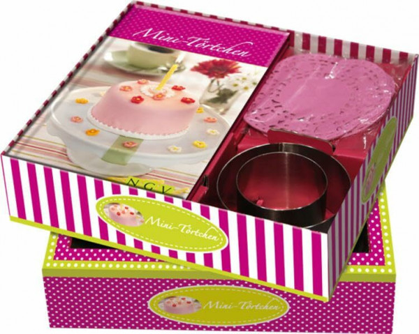 Buch-Box Mini-Törtchen: Rezeptbuch + 2 Kuchenringen & rosa Tortenspitzen