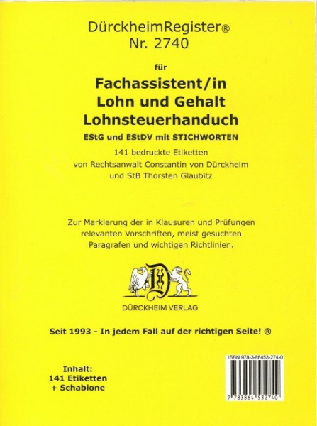 DürckheimRegister® Nr. 2740 Fachassistent/in Lohn und Gehalt (2024) Lohnsteuerhandbuch