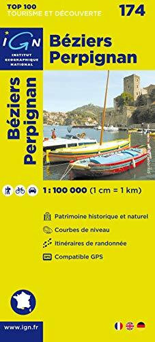 IGN Karte, Tourisme et découverte Béziers, Perpignan: Patrimoine historique et naturel, Courbes de niveau, Itinéraires de randonée, Compatible GPS