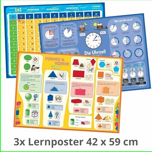 mindmemo Lernposter 3er Set Grundschule - Die Uhrzeit lernen + Formen&Körper + 1x1 Mathe - Grundschul Poster für Kinder - 3x Poster DIN A2 42x59 cm ... - gerollt in wiederverwendbarer Schutzröhre