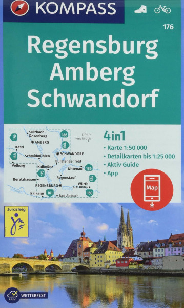 KOMPASS Wanderkarte Regensburg, Amberg, Schwandorf: 4in1 Wanderkarte 1:50000 mit Aktiv Guide und Detailkarten inklusive Karte zur offline Verwendung ... (KOMPASS-Wanderkarten, Band 176)