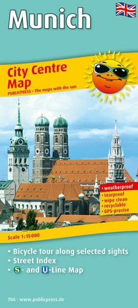 Munich: City Centre Map with bicycle tour along selected sights with street Index, S- und U-Line Map, weatherproof, tearproof, wipe clean and GPS-precise. 1:15000