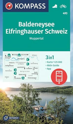 KOMPASS Wanderkarte 493 Baldeneysee, Elfringhauser Schweiz, Wuppertal 1:25.000: 3in1 Wanderkarte, mit Aktiv Guide inklusive Karte zur offline Verwendung in der KOMPASS-App. Fahrradfahren.